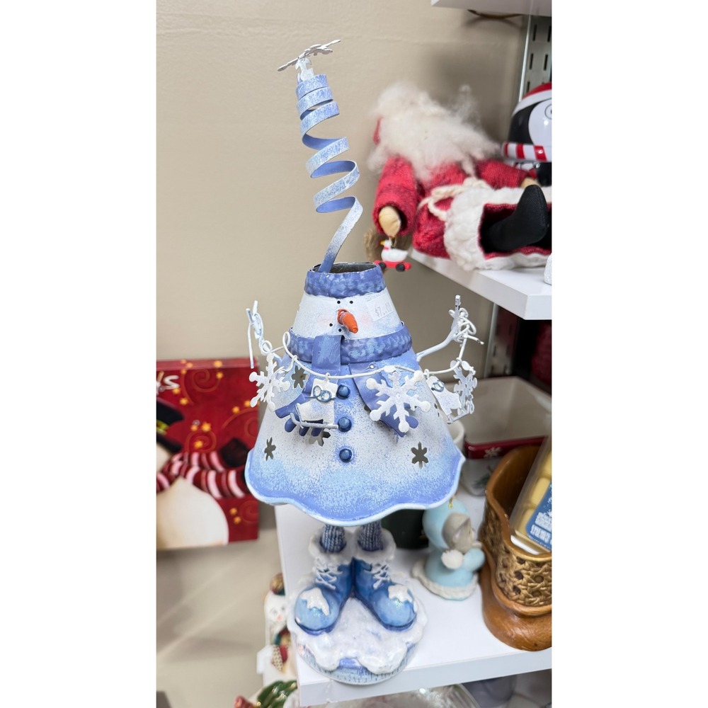 Metal Snowman Tea Light Candle Holder Blue White Winter Holiday Decor Figurine